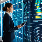 A professional regulation expert, a woman in a modest business suit, stands confidently in a futuristic, modern office filled with abstract digital data visualizations and flowing light streams, representing complex information. She gazes thoughtfully towards a holographic interface, hands poised, embodying foresight and strategic thinking in the AI era. The scene is bathed in soft, professional lighting. safe for work, appropriate content, fully clothed, professional, modest, perfect anatomy, correct proportions, natural pose, well-formed hands, proper finger count, natural body proportions, high-quality, professional photography.