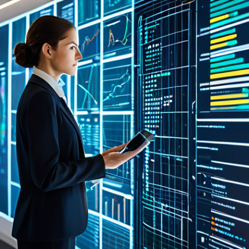 A professional regulation expert, a woman in a modest business suit, stands confidently in a futuristic, modern office filled with abstract digital data visualizations and flowing light streams, representing complex information. She gazes thoughtfully towards a holographic interface, hands poised, embodying foresight and strategic thinking in the AI era. The scene is bathed in soft, professional lighting. safe for work, appropriate content, fully clothed, professional, modest, perfect anatomy, correct proportions, natural pose, well-formed hands, proper finger count, natural body proportions, high-quality, professional photography.