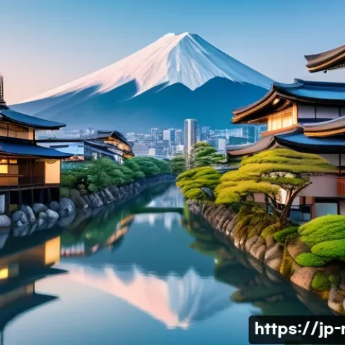 규제요원의 사회적 책임과 기여 - A modern Japanese cityscape at dusk, showcasing clean urban streets with lush green parks and rivers...