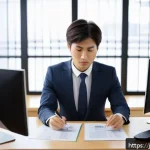 규제요원의 직무 만족도 향상 방안 - A modern Japanese office scene showing a regulatory compliance professional practicing stress manage...
