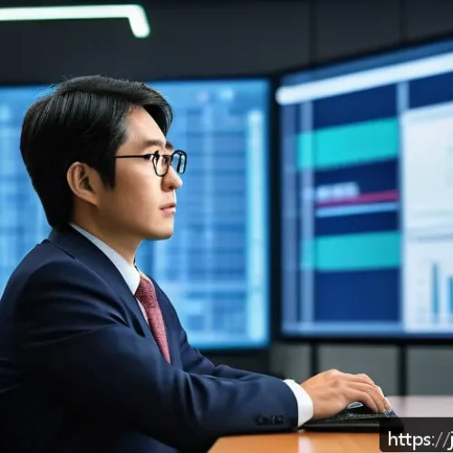 규제요원의 네트워킹 전략 - A professional Japanese regulatory officer attentively listening and engaging in a formal networking...