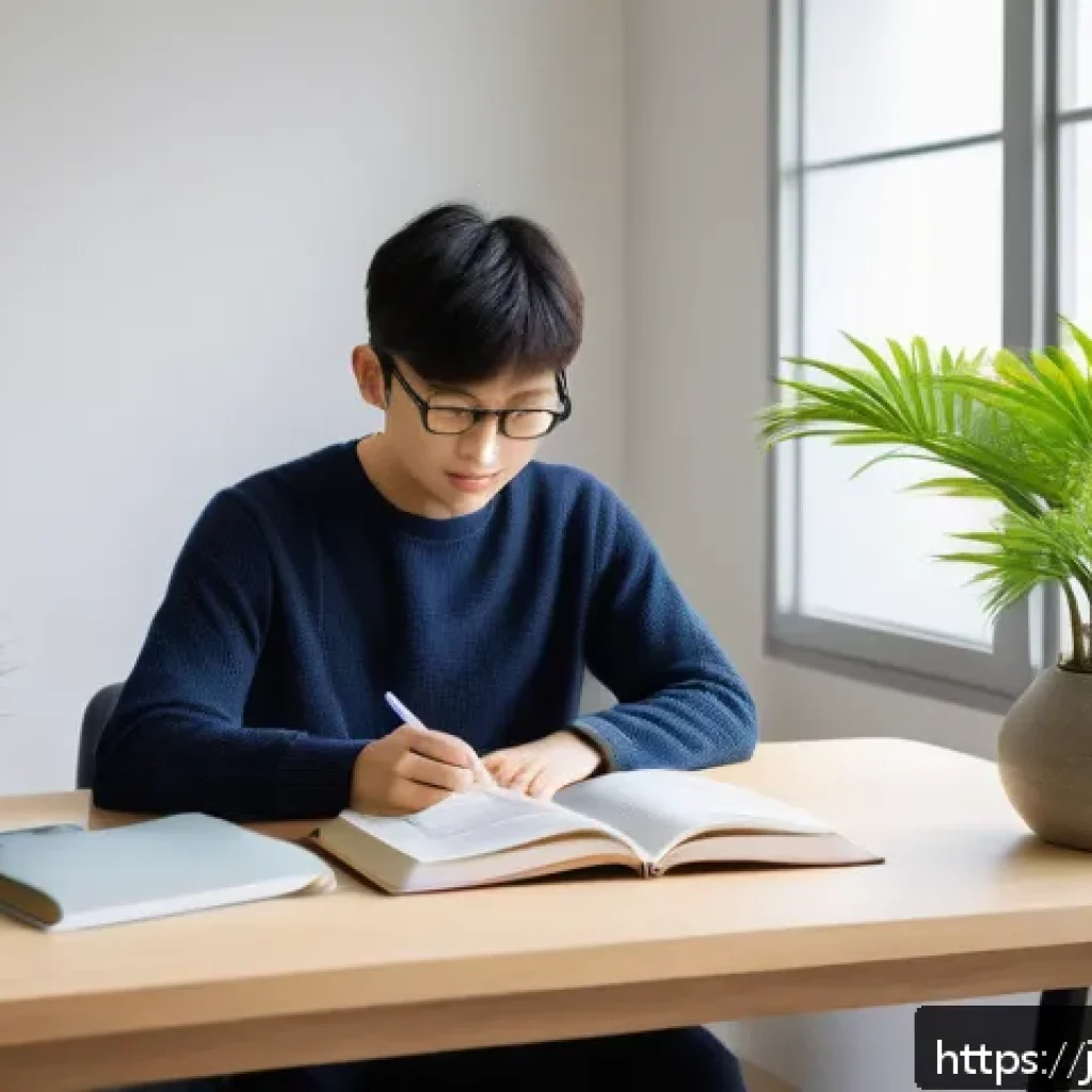 규제요원 필기시험 고득점 전략 - A modern Japanese study room scene featuring a young Japanese professional studying diligently with ...