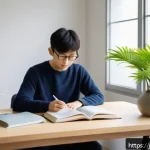 규제요원 필기시험 고득점 전략 - A modern Japanese study room scene featuring a young Japanese professional studying diligently with ...