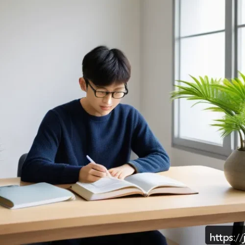 규제요원 필기시험 고득점 전략 - A modern Japanese study room scene featuring a young Japanese professional studying diligently with ...