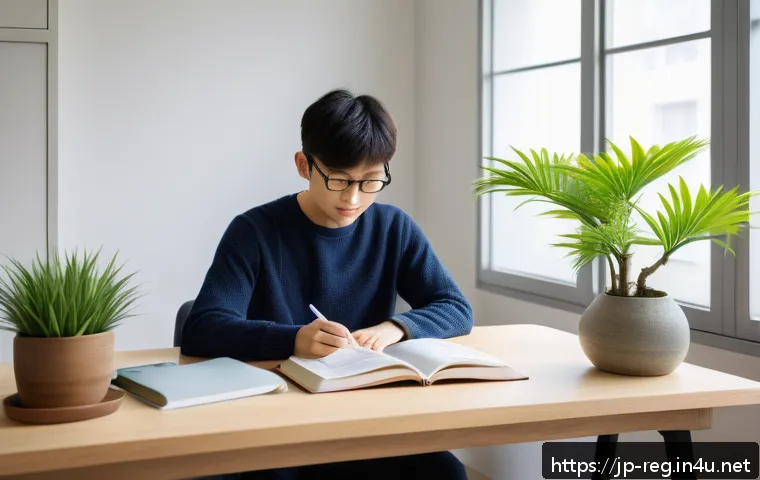 규제요원 필기시험 고득점 전략 - A modern Japanese study room scene featuring a young Japanese professional studying diligently with ...